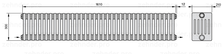 Схема (чертеж) Радиатор Zehnder Charleston 6030/35 №2670 Белый глянцевый RAL 9016